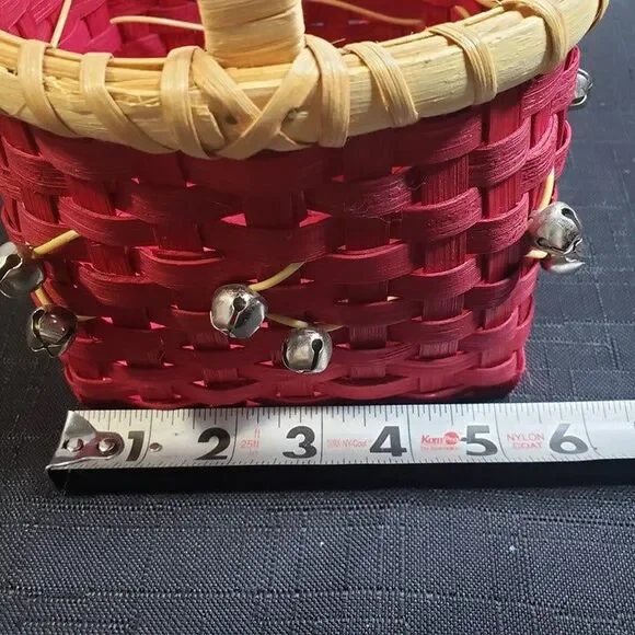 Cute Small Red Wicker Christmas Basket with Bells 5" x 8" tall Holiday Decor - Picture 9 of 11